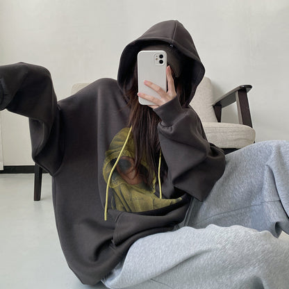 【トップス】ゆるシルエット グリーングレー カートゥーンプリント プルオーバーパーカー【FCシリーズ】