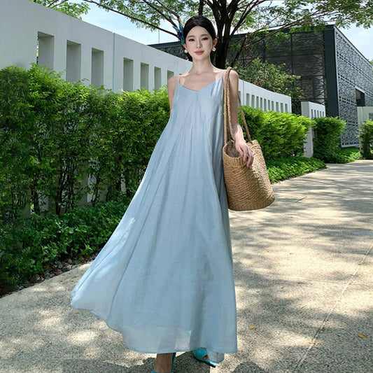 【ワンピース】バックリボン キャミワンピース レディース 夏新作 リゾート 海辺 ノースリーブ ロングワンピース 海島スタイル【SHシリーズ】