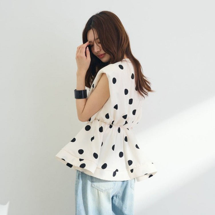 【トップス】ストライプ風 Vネック ノースリーブ ドット柄 ウエストマーク Tシャツ レディース きれいめ 若見え こなれ感【JZシリーズ】