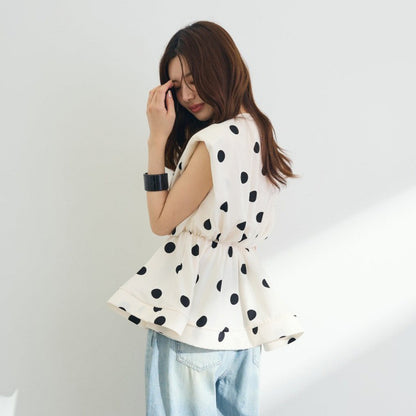 【トップス】ストライプ風 Vネック ノースリーブ ドット柄 ウエストマーク Tシャツ レディース きれいめ 若見え こなれ感【JZシリーズ】