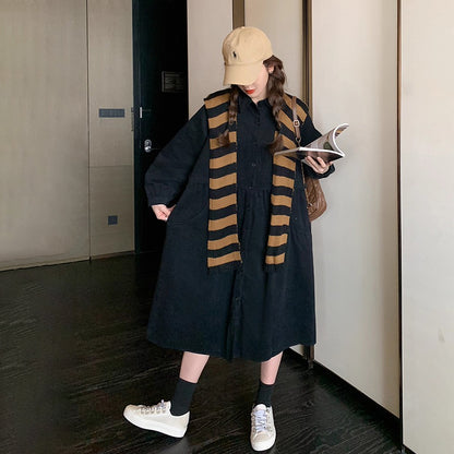 【ワンピース】ヴィンテージ風 ストライプショールワンピース 春秋 Aライン ゆったり 韓国風 長袖ワンピース【JZシリーズ】