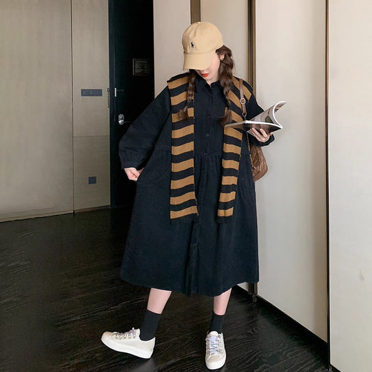 【ワンピース】ヴィンテージ風 ストライプショールワンピース 春秋 Aライン ゆったり 韓国風 長袖ワンピース【JZシリーズ】