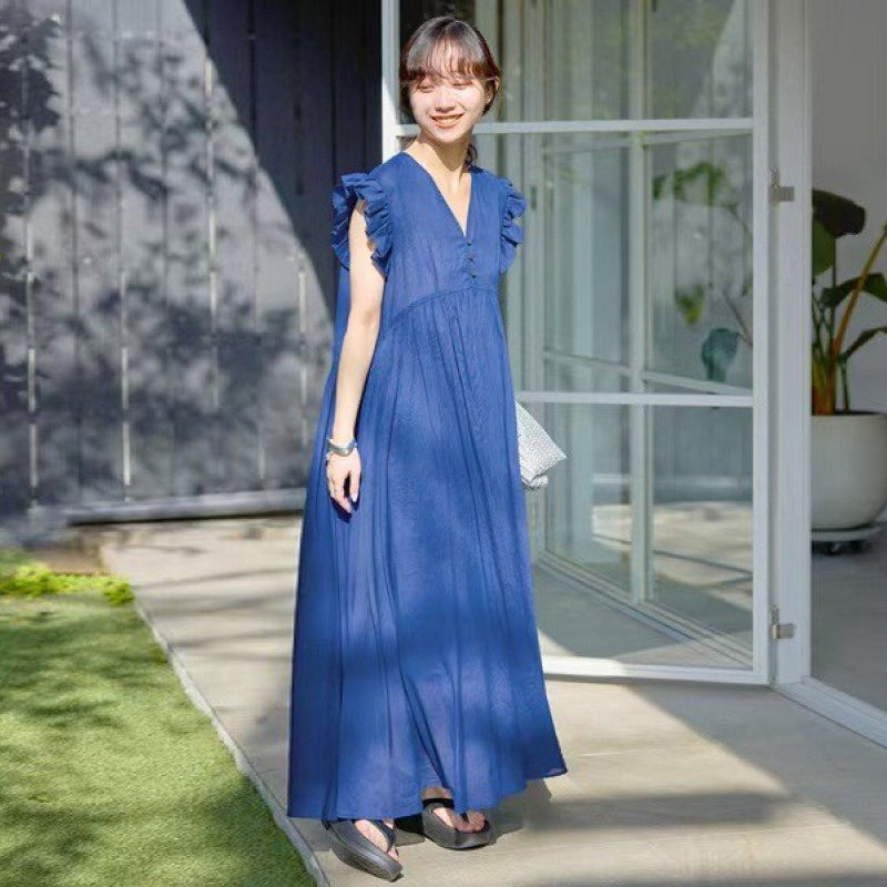 【ワンピース】韓国風 フリル 切り替え  Vネック ノースリーブワンピース レディース 夏 きれいめ こなれ感 ロングワンピース【JZシリーズ】