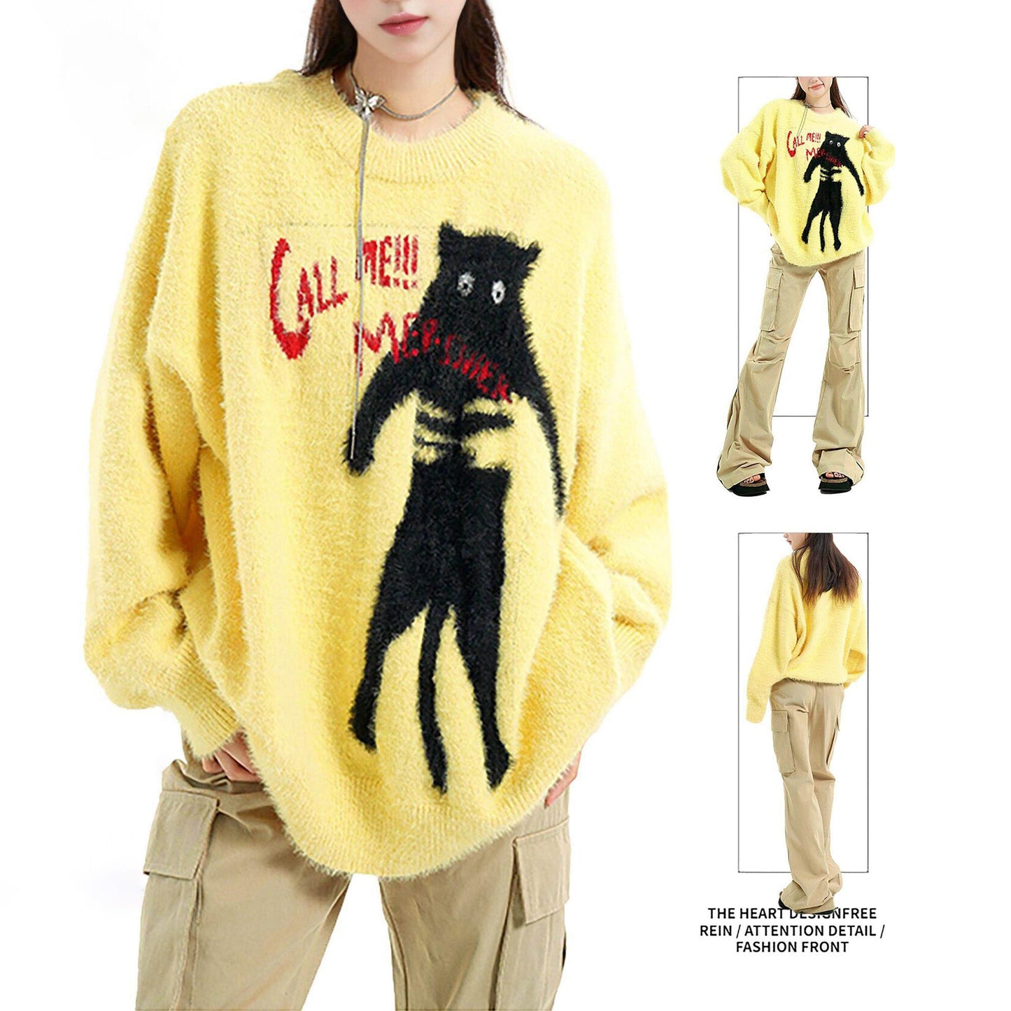 【トップス】猫モチーフ フェイクミンク風ニット 秋冬 ゆったり カップル対応 プルオーバー【FCシリーズ】