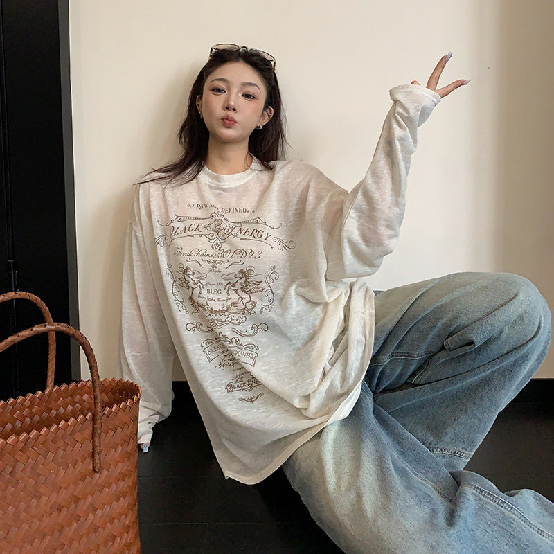 【トップス】韓国風 プリントロンT レディース 春夏 オーバーサイズ 長袖Tシャツ ナチュラルコーデ【FCシリーズ】