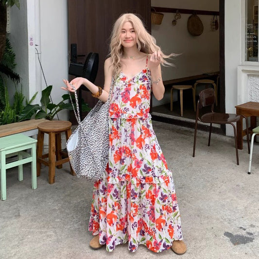 【ワンピース】夏 涼しげ 通気性 Vネック フリル付き 花柄 ノースリーブ キャミワンピース【SHシリーズ】