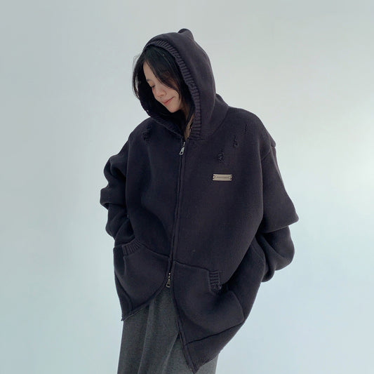 【トップス】🖤 ゆる感厚手ダメージニット・セーター レディース 冬新作 カジュアルフード付き【FCシリーズ】