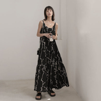 【ワンピース】韓国風 ヴィンテージ 気質 アブストラクトラインプリント ノースリーブワンピース【SHシリーズ】