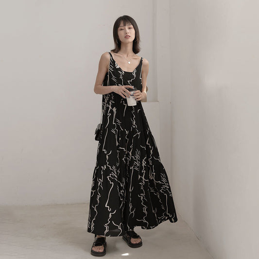 【ワンピース】韓国風 ヴィンテージ 気質 アブストラクトラインプリント ノースリーブワンピース【SHシリーズ】