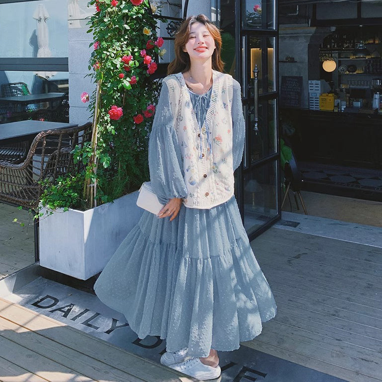 2点セット！【セットアップ】ベスト重ね着風 ロングワンピース 2点セット 春秋 韓国スタイル フレッシュ可愛い 学院風【SHシリーズ】