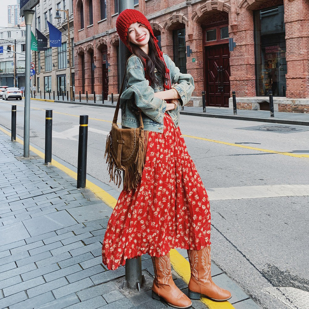 【セットアップ】ボヘミアン風 ウォッシュド加工 デニムジャケット＋ノースリーブワンピース 春秋 フレンチ 花柄 2点セット【SHシリーズ】