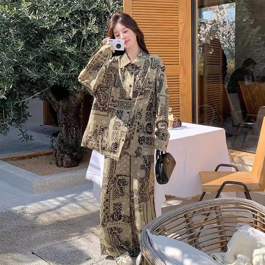 2点セット！【セットアップ】フレンチレトロな水墨プリントセットアップ ジャケット＋ワイドパンツ 上下セットレディースファッション【SHシリーズ】