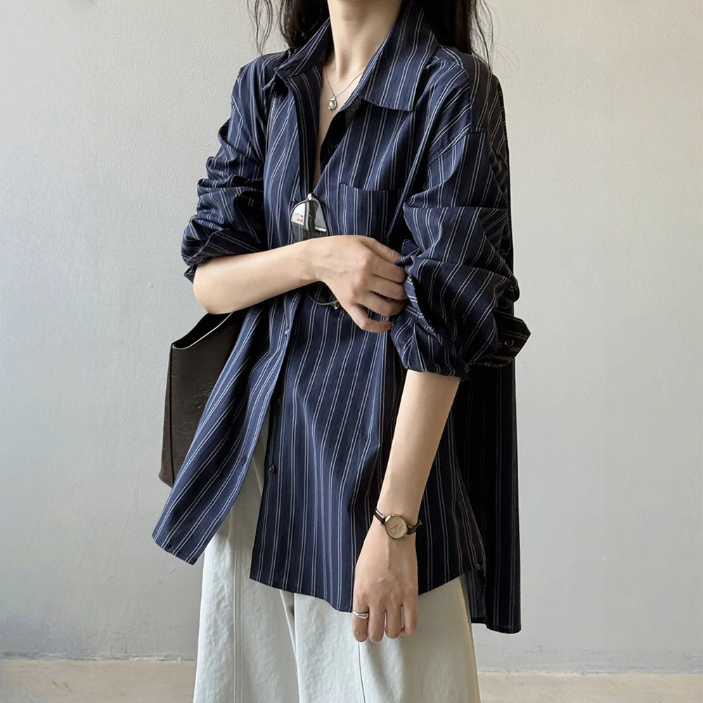 【トップス】春 秋 夏 冬 ストライプ柄 立襟 長袖 シャツ 【JZシリーズ】