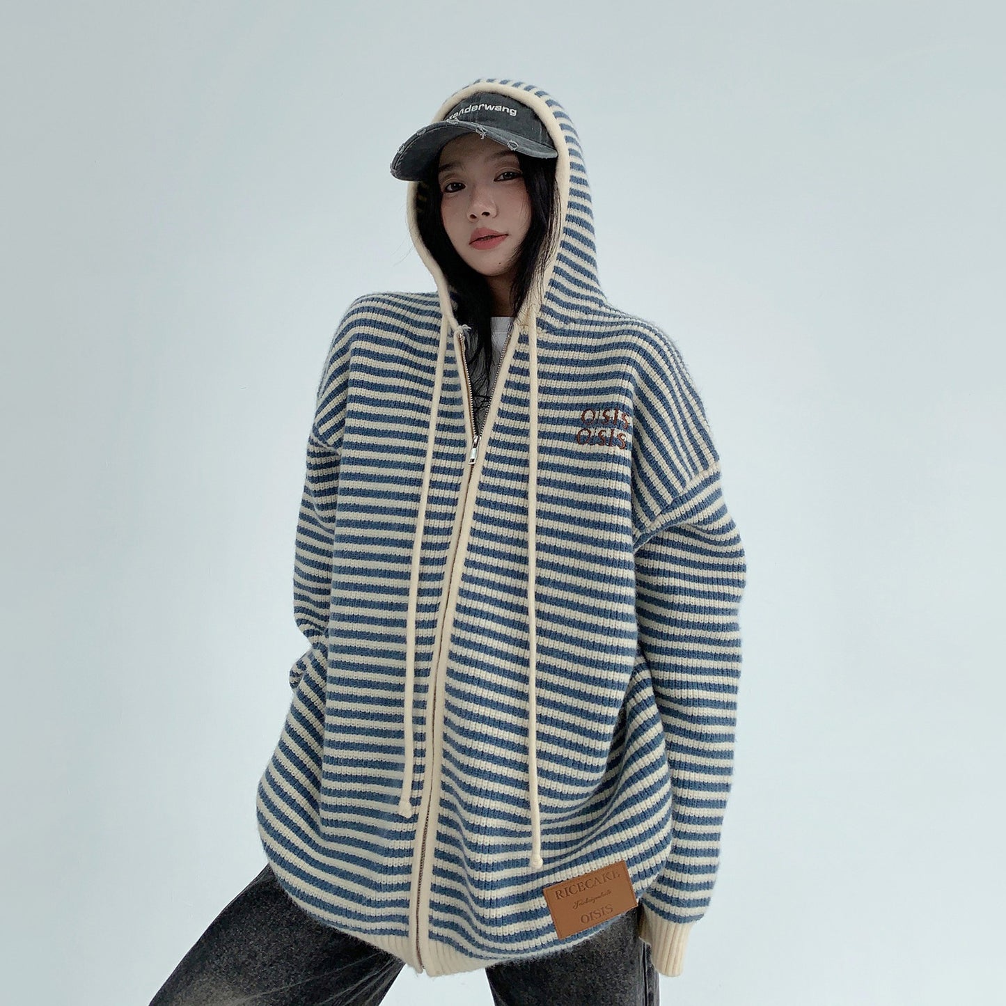 【トップス】ゆるレトロ感♡厚手ボーダーニットパーカー カーディガン レディース 冬の定番アイテム【FCシリーズ】