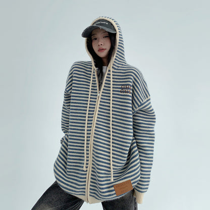 【トップス】ゆるレトロ感♡厚手ボーダーニットパーカー カーディガン レディース 冬の定番アイテム【FCシリーズ】