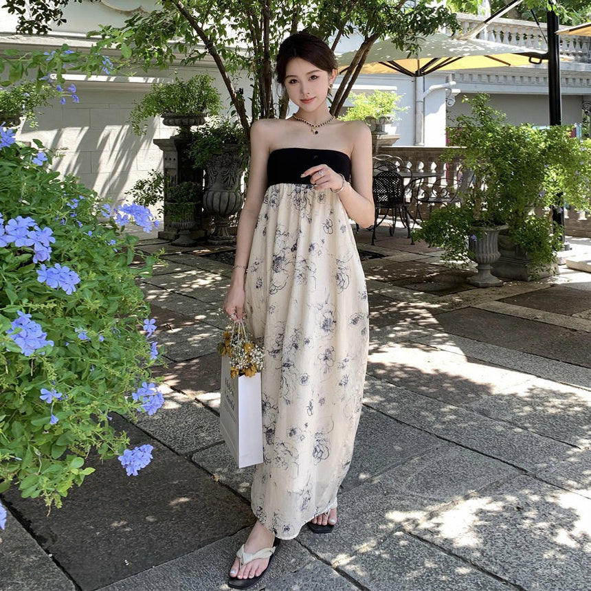 【ワンピース】フレンチ風 水墨柄 ベアトップワンピース レディース オフショルダー チューブトップ ロング丈 セクシー エレガント ノースリーブ ビーチ リゾートワンピース【SHシリーズ】