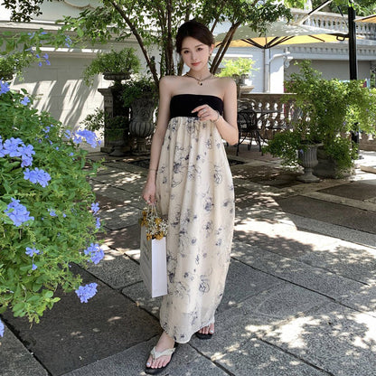 【ワンピース】フレンチ風 水墨柄 ベアトップワンピース レディース オフショルダー チューブトップ ロング丈 セクシー エレガント ノースリーブ ビーチ リゾートワンピース【SHシリーズ】