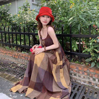【ワンピース】夏新作 レトロ チェック柄 ゆったり カジュアル ノースリーブキャミワンピース【SHシリーズ】