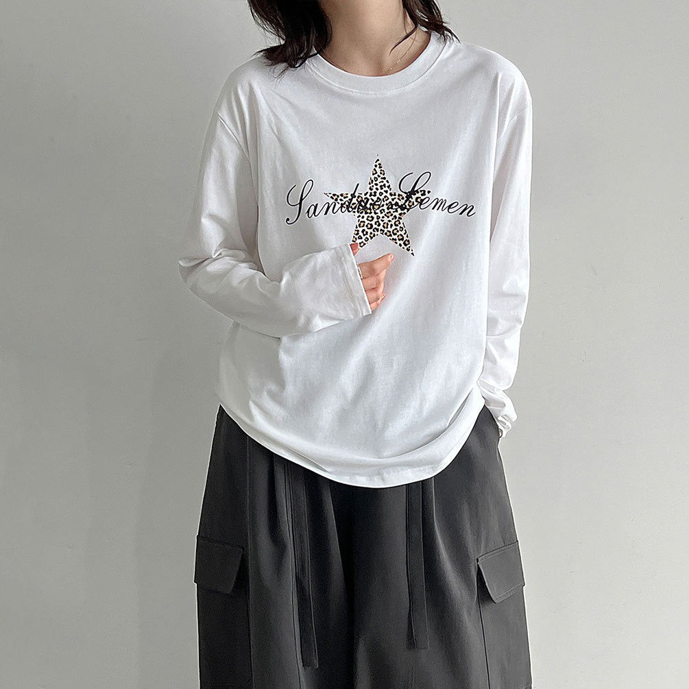 【トップス】レトロ豹柄星プリント長袖Tシャツ レディース 綿100％ 秋インナートップス【JZシリーズ】