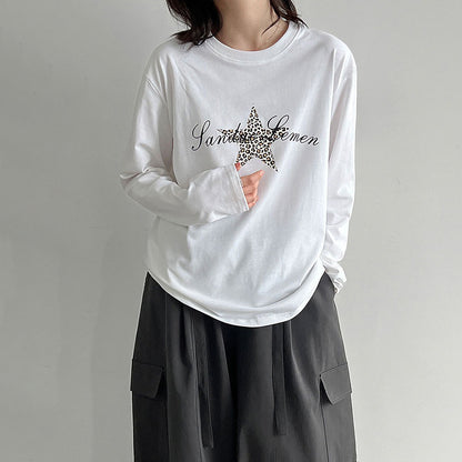 【トップス】レトロ豹柄星プリント長袖Tシャツ レディース 綿100％ 秋インナートップス【JZシリーズ】