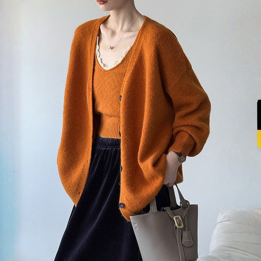 【アウター】春 秋 冬 ふんわり ニットカーディガン + キャミソール 2点セットアップ 【JZシリーズ】