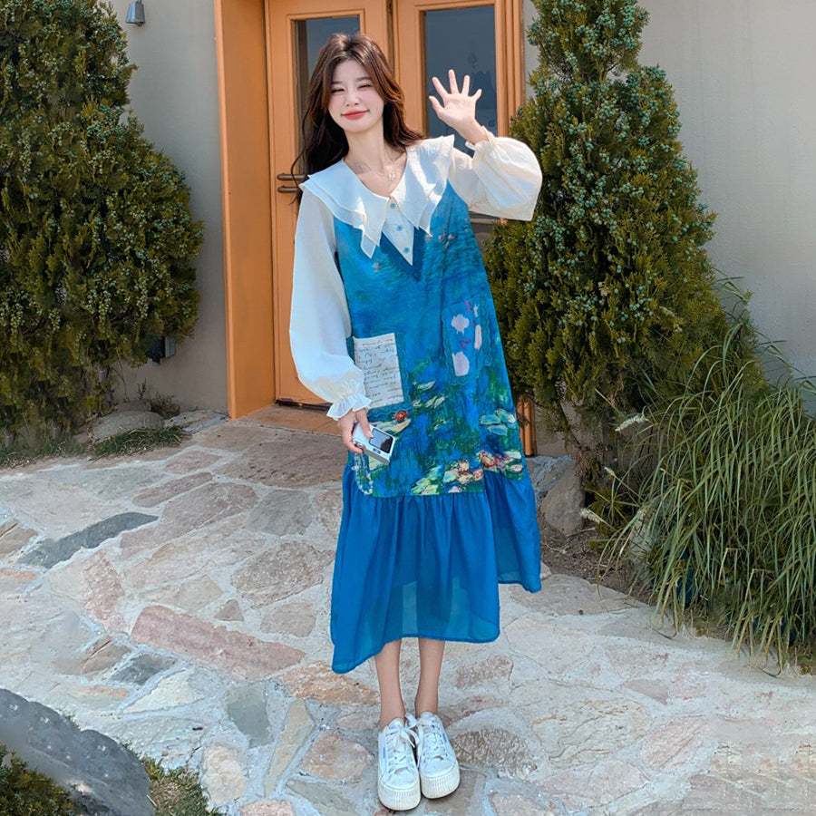 【ワンピース】スイート 花柄 チェック 切り替え 長袖ワンピース レディース 春秋 細見え 可愛い マーメイドワンピース【シリーズ】