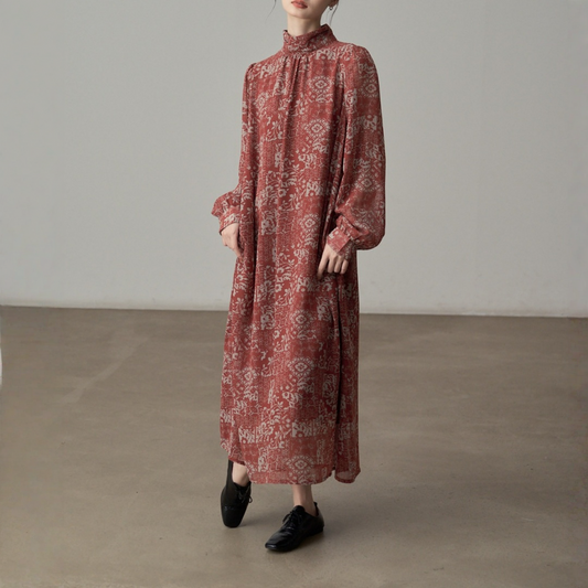 【ワンピース】小立ち襟 シフォン プリント フェミニン 長袖 ワンピース【SHシリーズ】