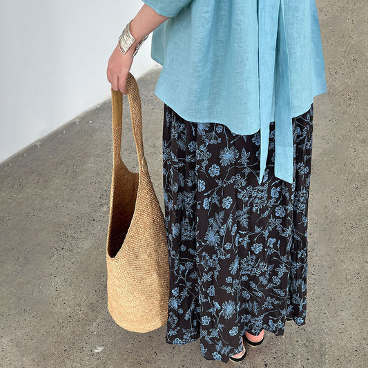 【ボトムス】韓国風 小花柄 ゆったり 体型カバー Aライン ハイウエスト 着痩せ効果 ミモレ丈スカート【SHシリーズ】【JZシリーズ】