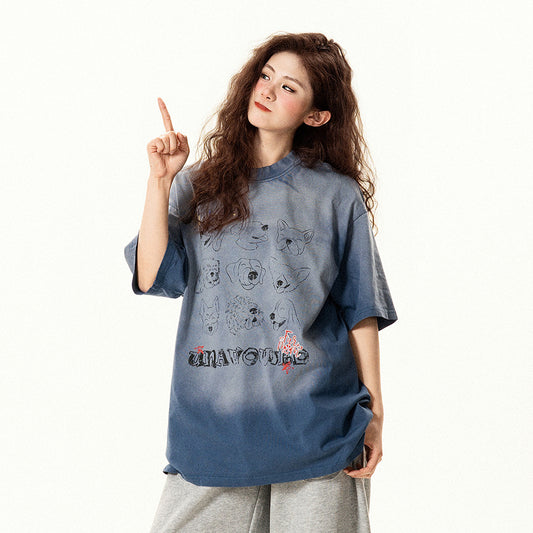 【トップス】レトロ加工 ドッグプリント 半袖Tシャツ レディース 夏 新作 ゆったり デザイン感 カジュアル【FCシリーズ】【15〜20日発送】