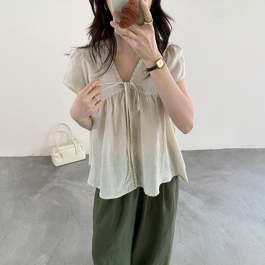 【トップス】韓国風 大人可愛い Vネック ラミーブラウス レディース 夏 フェミニン 体型カバー 細見え 上品トップス【JZシリーズ】