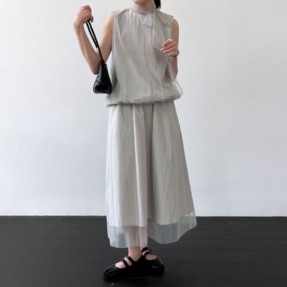 【セットアップ】上品風 ノースリーブ シャツ & シアースカート 上下セット レディース 夏 タイネック フェミニン Aライン ゆったり 通勤 体型カバー 人気【JZシリーズ】