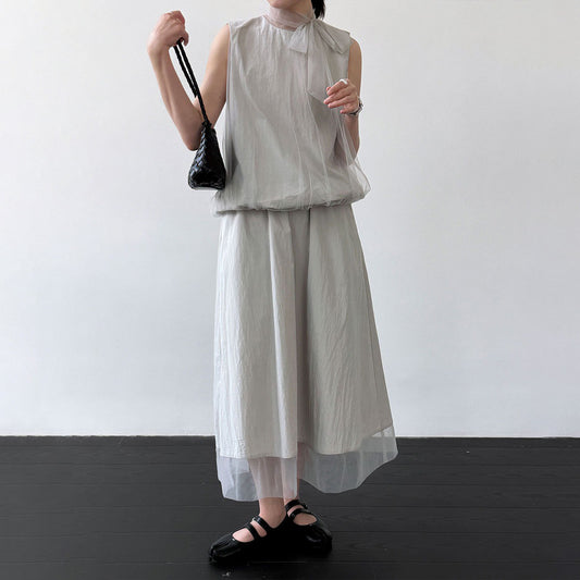 【セットアップ】上品風 ノースリーブ シャツ & シアースカート 上下セット レディース 夏 タイネック フェミニン Aライン ゆったり 通勤 体型カバー 人気【JZシリーズ】