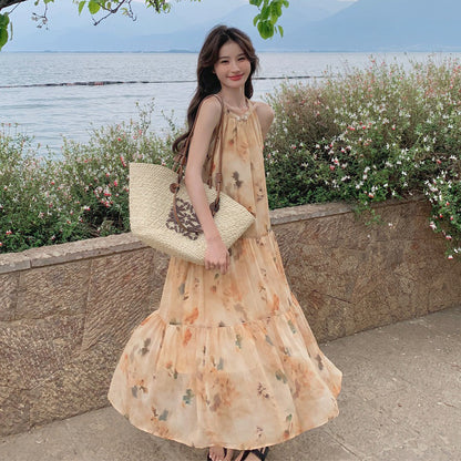 【ワンピース】イエロー 小花柄 ノースリーブ ホルターネック レディース 夏 フェアリー風 バカンス ワンピース【SHシリーズ】