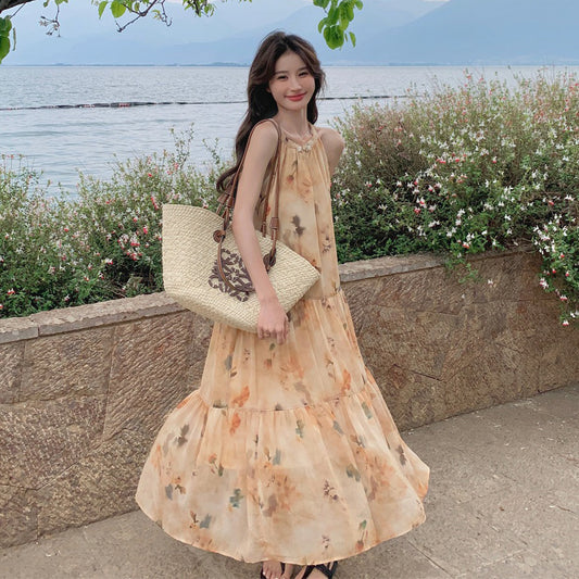 【ワンピース】イエロー 小花柄 ノースリーブ ホルターネック レディース 夏 フェアリー風 バカンス ワンピース【SHシリーズ】