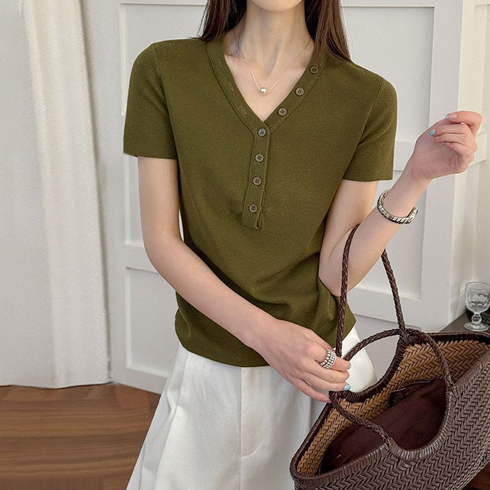 【トップス】Vネック ニットトップス レディース 春新作 半袖 フィット 体型カバー きれいめ カジュアル【JZシリーズ】