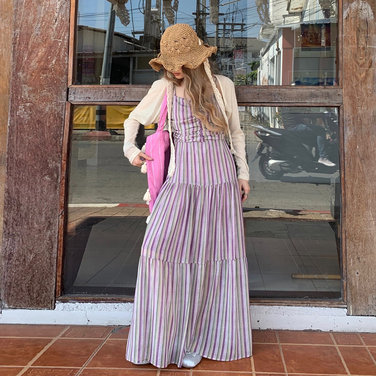 M~4XL【セットアップ】【単品注文】大きいサイズ レディース 夏 ボーダーロングワンピース ゆったり ウエストデザイン【SHシリーズ】