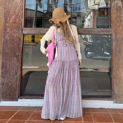 M~4XL【セットアップ】【単品注文】大きいサイズ レディース 夏 ボーダーロングワンピース ゆったり ウエストデザイン【SHシリーズ】