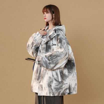 【アウター】フード付きジャケット 男女兼用 水墨染め グラデーション ハイストリート ワイドフィット 青少年【FCシリーズ】