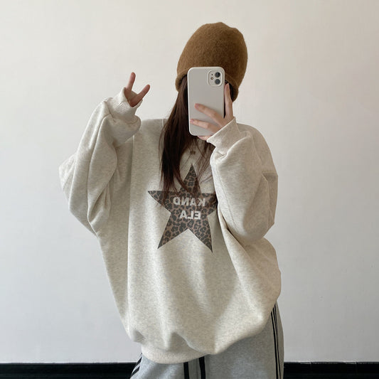 【トップス】裏起毛・厚手 ヒョウ柄スター パーカー ヴィンテージ風 ルーズ スウェット【FCシリーズ】