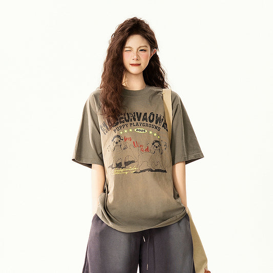 【トップス】ヴィンテージウォッシュ 犬プリント Tシャツ レディース 夏 半袖 クルーネック オーバーサイズ ゆったり カジュアル【FCシリーズ】