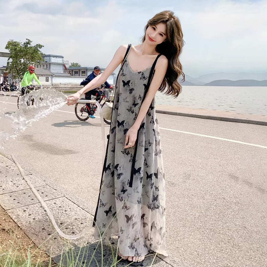 【ワンピース】バタフライプリント 夏新作 韓国風 リゾートムード ノースリーブキャミワンピース【SHシリーズ】