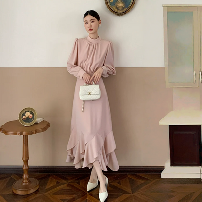 【ワンピース】春 秋 冬 花柄裾デザイン 通勤コーデ 立体裁断切り替え 長袖 ワンピース 【JZシリーズ】