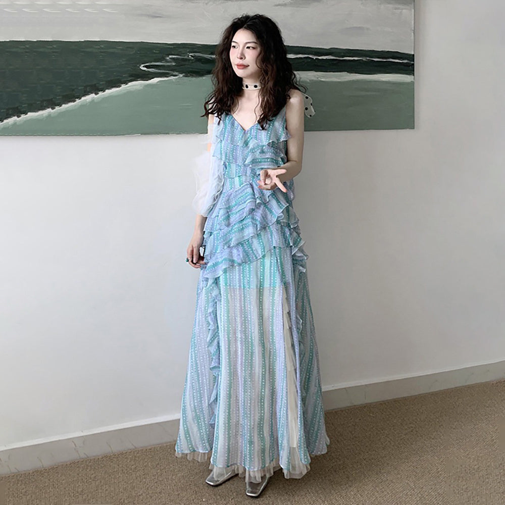 【ワンピース】アート風 ブループリント フリル キャミソールワンピース レディース 夏 アシンメトリー ノースリーブ ロングドレス 涼感リゾート【SHシリーズ】【15～20日内発送】