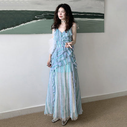 【ワンピース】アート風 ブループリント フリル キャミソールワンピース レディース 夏 アシンメトリー ノースリーブ ロングドレス 涼感リゾート【SHシリーズ】【15～20日内発送】