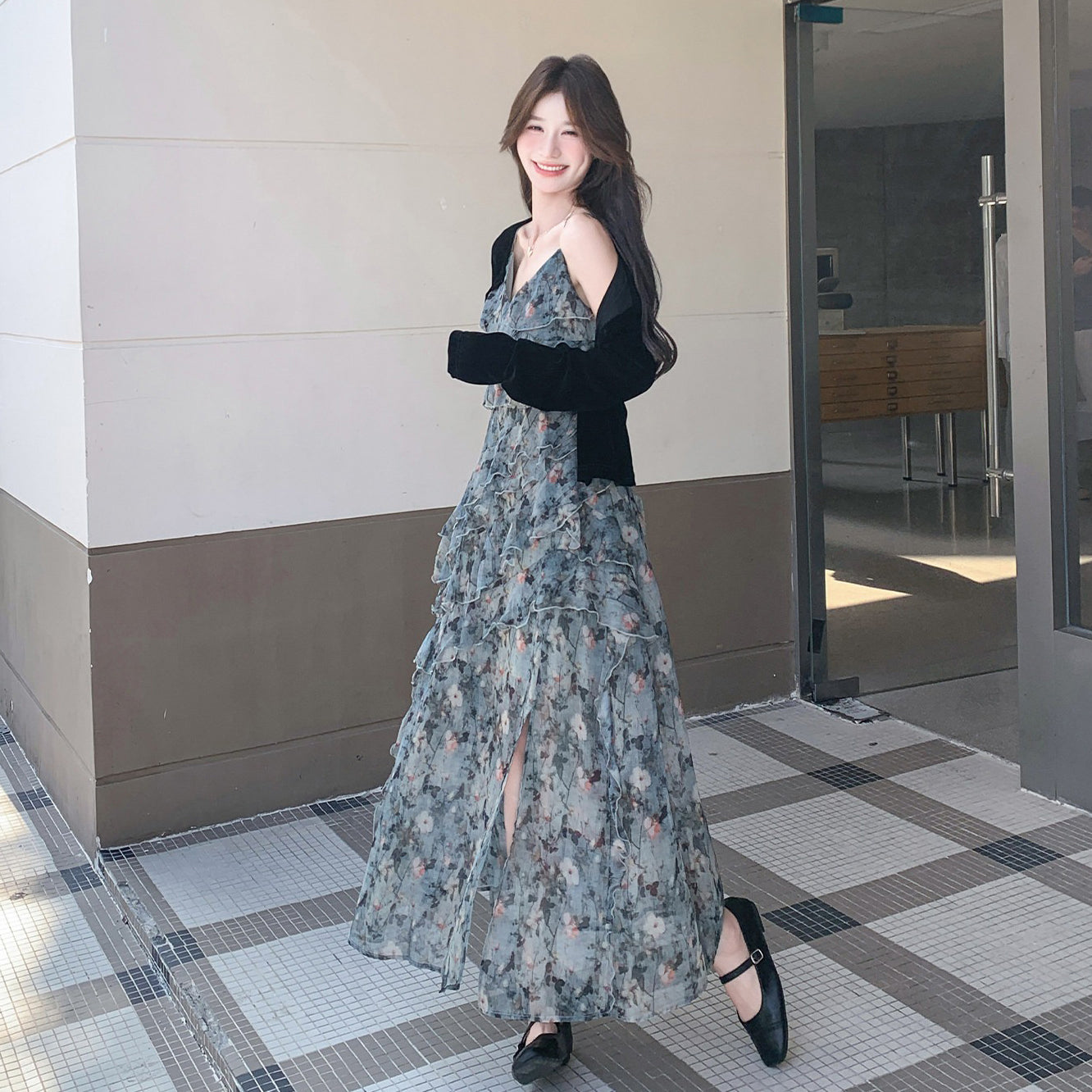 2点セット！【セットアップ】花柄キャミワンピース＆ベロアカーディガン2点セット レディース フレンチ風 ロング丈 秋コーデ【SHシリーズ】