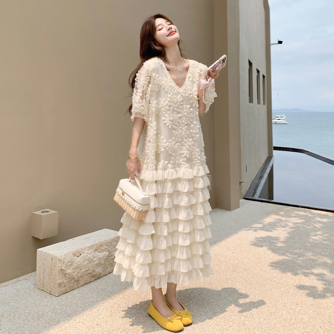 【ワンピース】Vネック ワンピース レディース 2026夏 フリル ロング丈 フレンチ フェミニン ゆったり ノースリーブ【SHシリーズ】