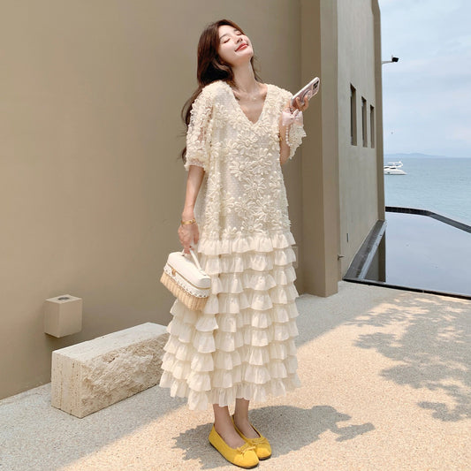 【ワンピース】Vネック ワンピース レディース 2026夏 フリル ロング丈 フレンチ フェミニン ゆったり ノースリーブ【SHシリーズ】