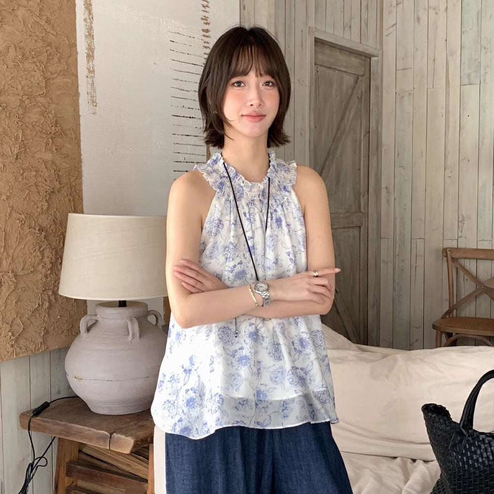 【トップス】ヴィンテージ風水墨プリント フリルネックホルタートップス 夏 シフォン素材【SHシリーズ】