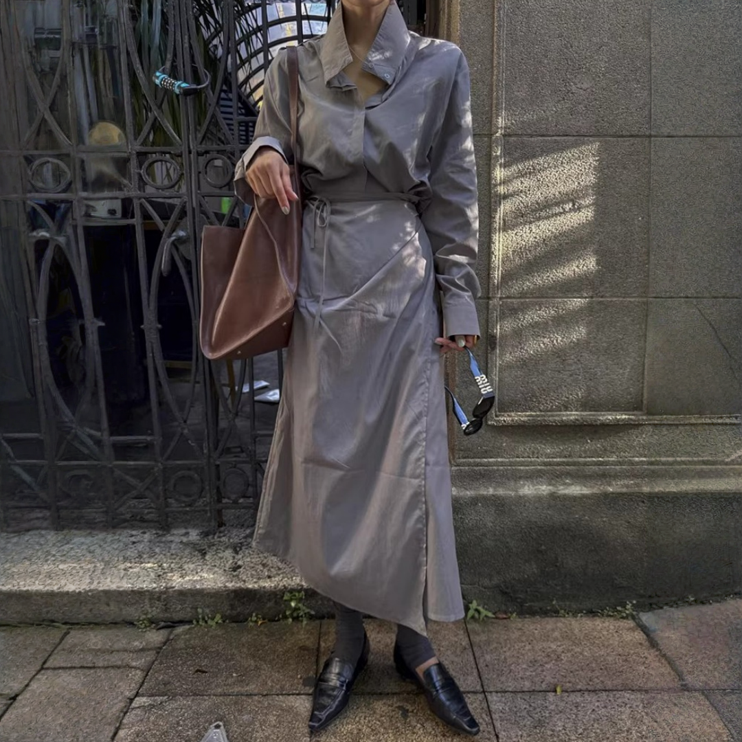 【ワンピース】春 秋 冬 アシンメトリー ウエストリボン 長袖シャツ ワンピース  【JZシリーズ】