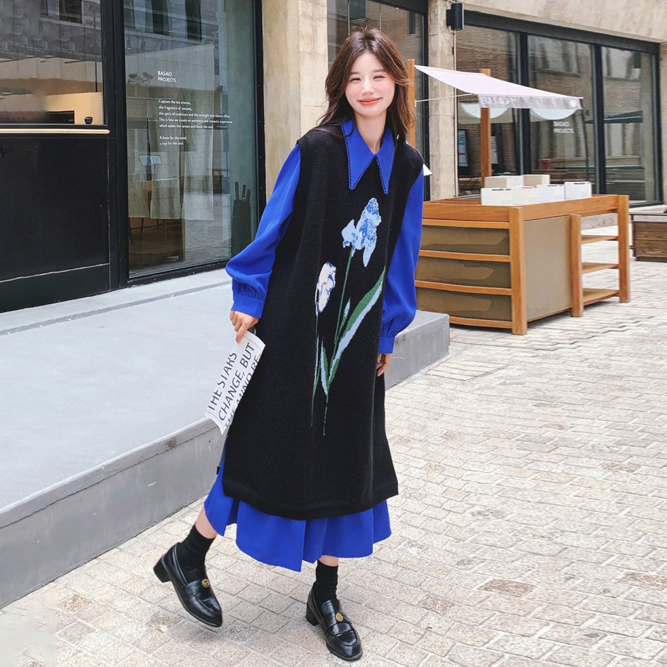 2点セット！【セットアップ】ブルー ジャカードニット＋シャツ長袖ワンピース セットアップ レディース OOTDコーデ 若見え【SHシリーズ】